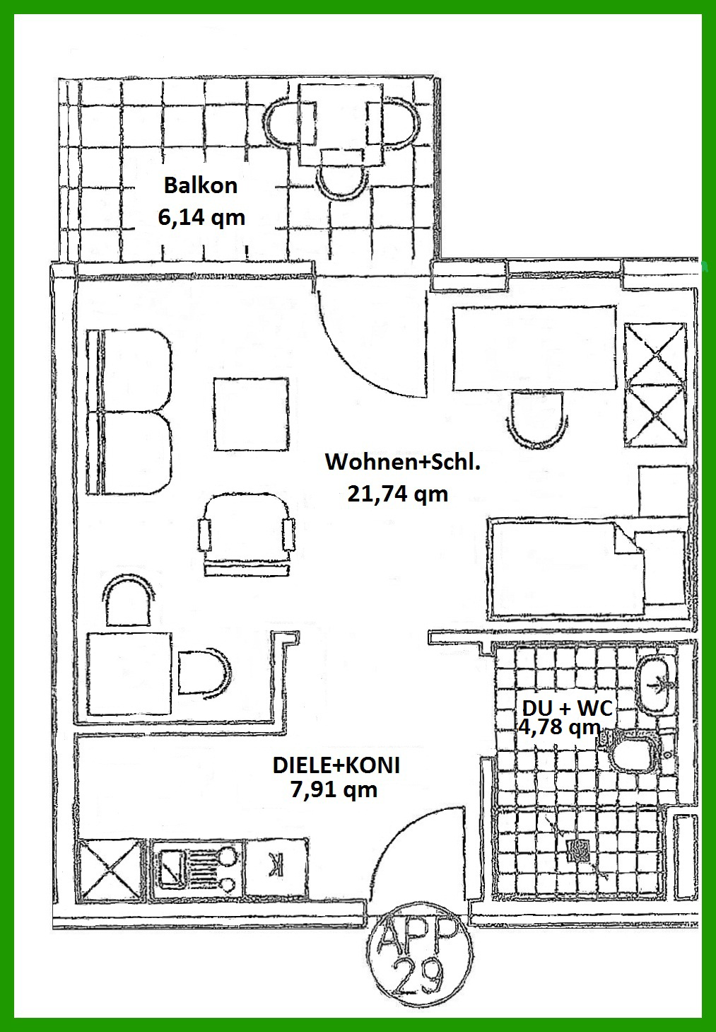 Beispiel Appartement Grundriss 36,47 qm
